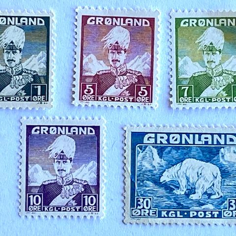 Grønland 1938 Kong Christian X og isbjørn AFA 1-4 + 6 Postfrisk