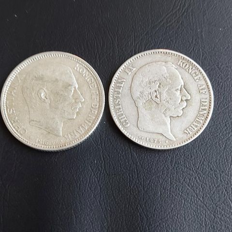 2 kroner mynter Danmark 1875 og 1916