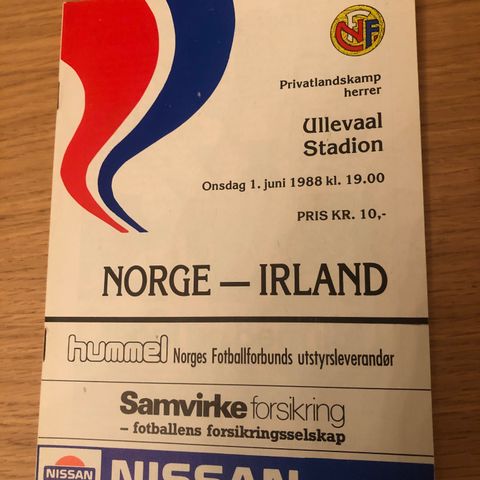 Norge mot Irland fotballprogram fra 1988