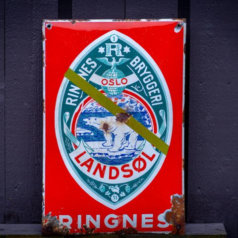 Original Rød Emalje Reklameskilt Ringnes Bryggeri Oslo Landsøl