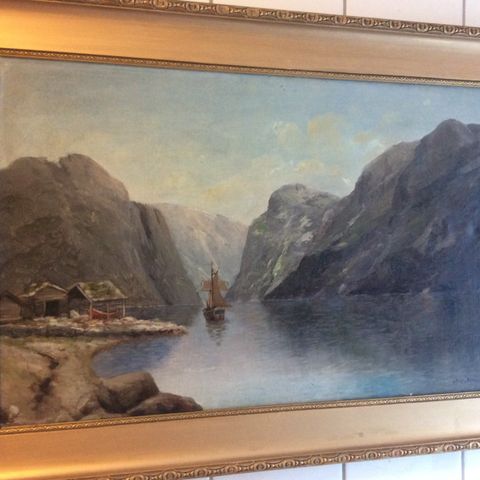 oljemaleri , Vestlandsfjord  signert Sigve Simensen