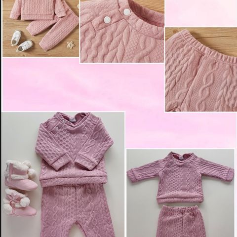 Nydelig rosa sett til baby, bukse og genser. Vakkert mønster. Fra 6-9 måneder