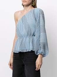 Ganni One-shoulder Pleated Striped Georgette Top In Blue