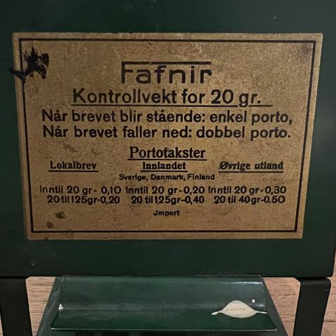 Gammel kontroll vekt for porto 20 gram Fafnir - brev vekt