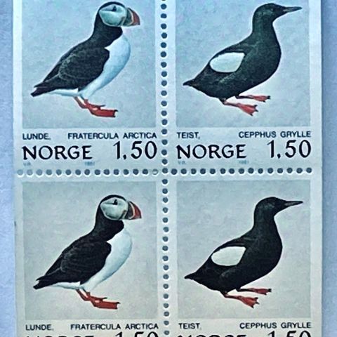 Norge 1981  Norske fugler II - Lunde og teist" NK 877-878  4-blokk Postfrisk