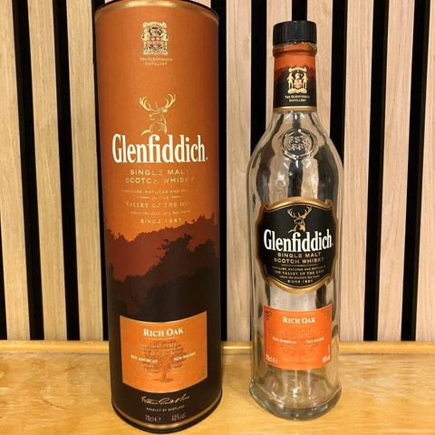 Whiskey flaske og kartong uten innhold , Glenfiddich Rich Oak