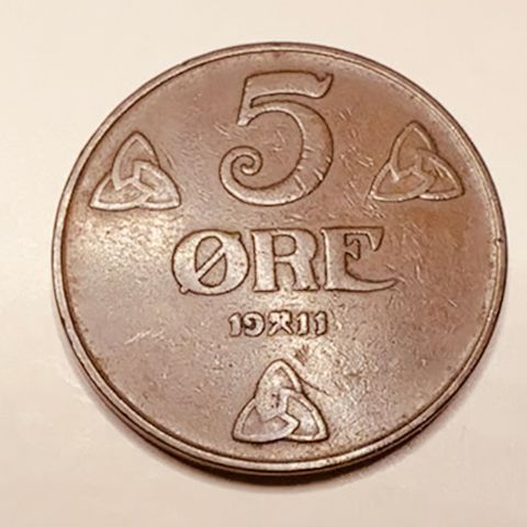Meget pen 5 øre 1911, Norge (2813 AK)