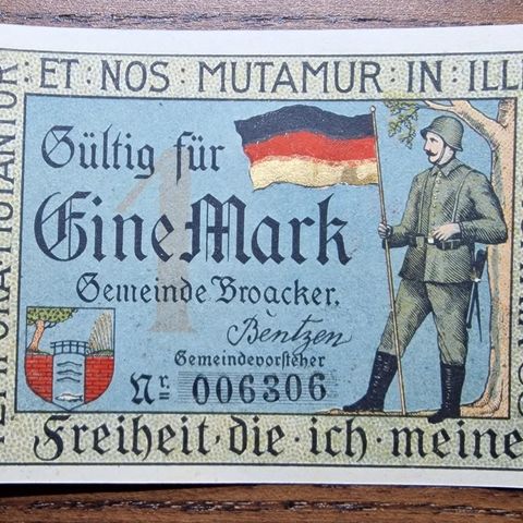 Tysk 1 Mark (1919) Antikk UNC Nødseddel