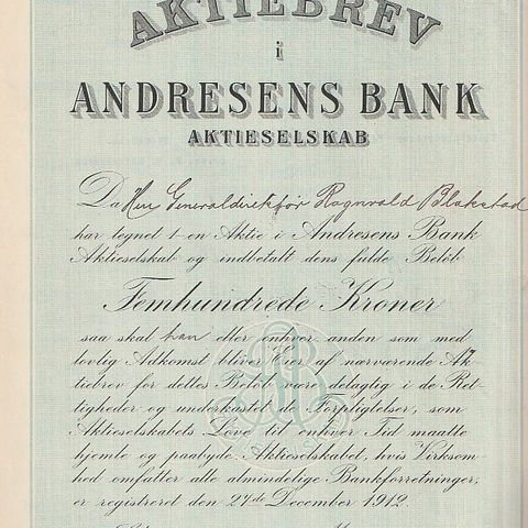 AKSJEBREV  TIL GENERALDIREKTØR  RAGNVALD  BLAKSTAD  I ANDRESENS  BANK- 1913