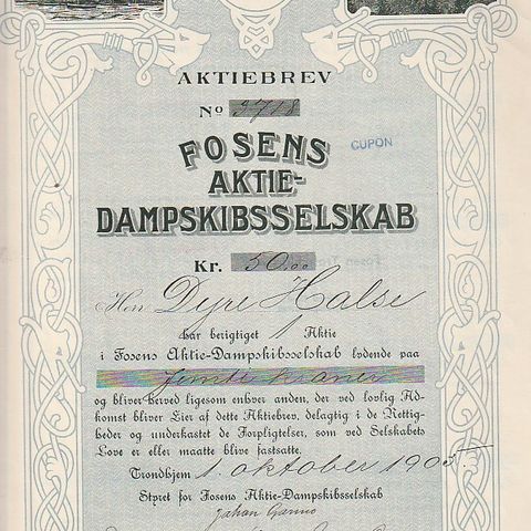 AKSJEBREV - FOSENS AKTIE-DAMPSKIBSSELSKAB - TRONDHJEM  1905