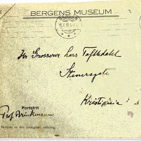 Norge 1918 Portofri forsendelse fra Bergens Museum Zoologisk avdeling