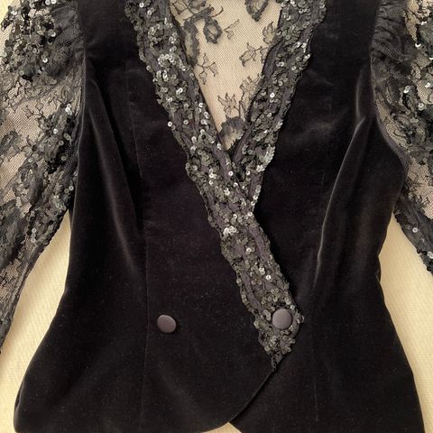 Luksuriøs vintage Murek Fashion jakke i fløyel med blonder og paljetter, str. L