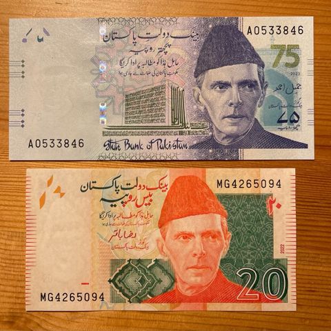 Pakistan 20 og 75 rupier. UNC. Selges samlet