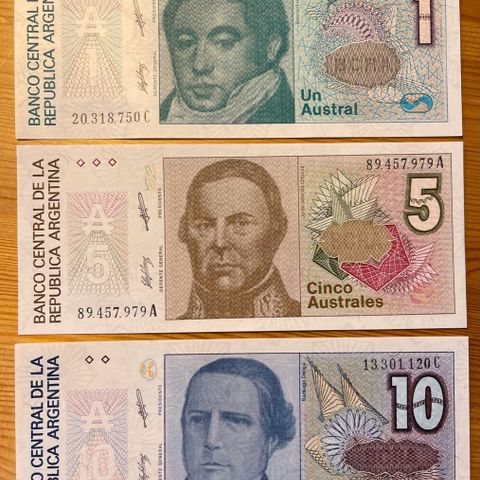 Argentina 1, 5, 10 Australes. UNC. 1985-1989. Selges samlet