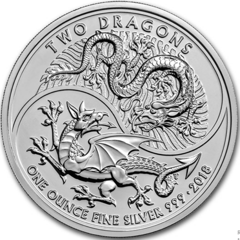 2018 GB 1 oz Sølv Two Dragons selges