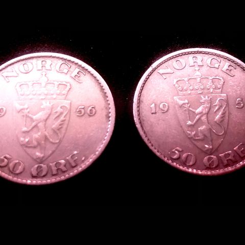 Mynter Norsk 50 Øre 1956 & 1957 - God Tilstand