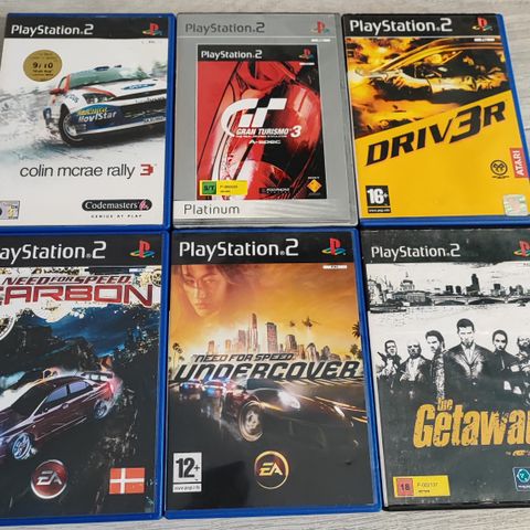 Bilspill pakke 6stk PS2 Playstation 2 NFS Gran Turismo Driver Colin McRae Rally