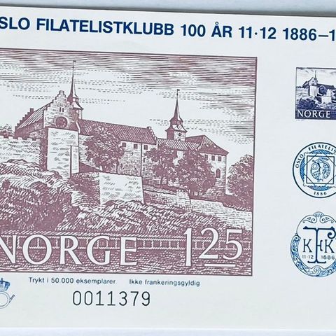 Norge 1986 Oslo Filatelistklubb 100 år Minneblokk MB 19