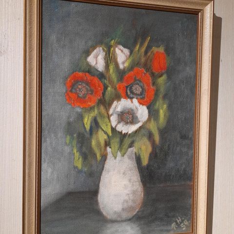 "Tulipaner i vase", eldre maleri initial signert RH. 59