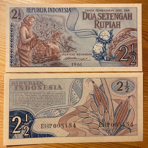 Indonesia 2 1/2 rupier. UNC. Utgitt 1961. P. 79