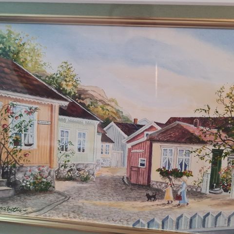 Vakker akvarell av gammelt miljø i Strømstad og  bøkene av Ida E. Jørgensen