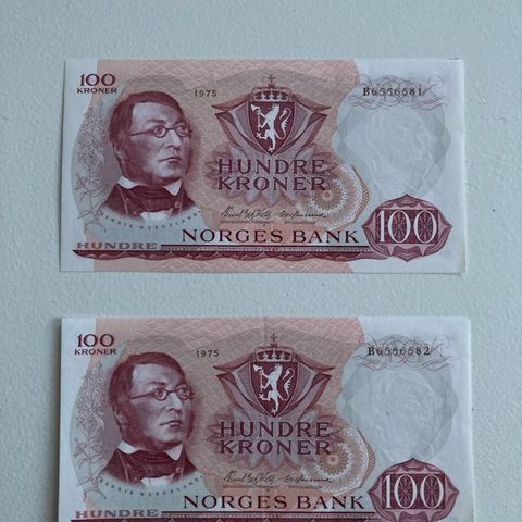 100 kr. seddel fra 1975 B, 2 stk. selges