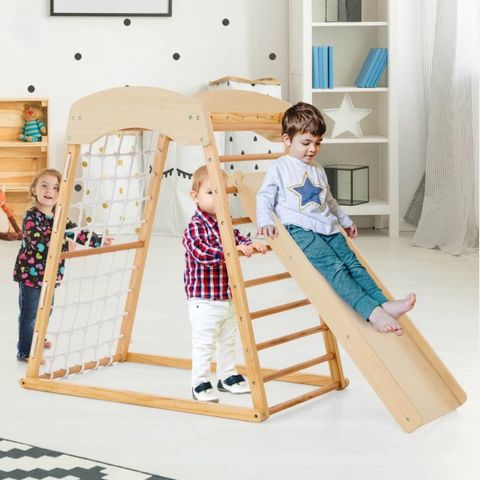 Montessori klatrestativ-lekeplass 6i1 med sklie klatrevegg og nett