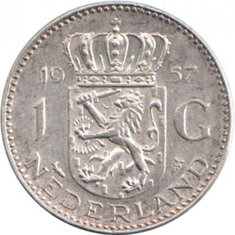 1 Gylden Nederland, sølvmynt 1957. Pen og tydelig mynt 720S.