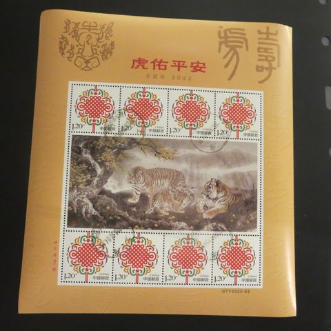 Kina frimerke ark.Tigerens år 2022 detalj rik kunst.