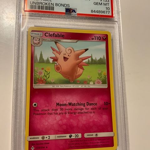 Pokemon sjeldent Sun & Moon Unbroken Bonds PSA 10 Clefable POP3