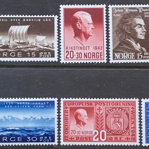 Norge frimerker postfrisk, nk 302-310 **, 9 pene merker fra 1942