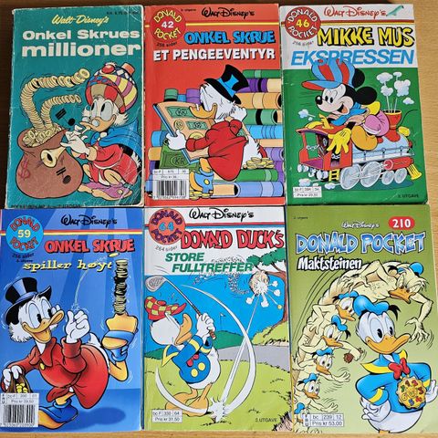 Donald Duck pocketbøker. Nr. 1, 42, 46, 59, 64 og 210. 6 stk. Samlet inkl. porto