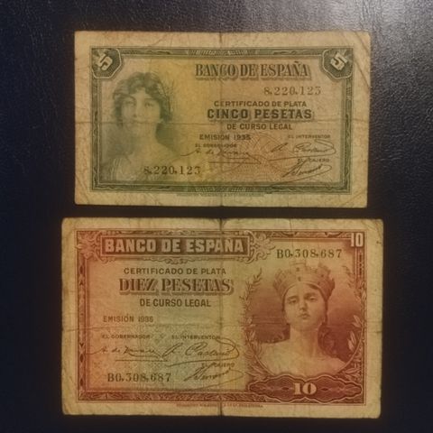 Spansk sedler 5 og 10 Pesetas 1935