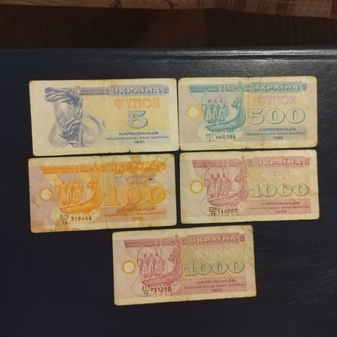 sedler Ukraina fra 5til 1000. Og år 1991-1992