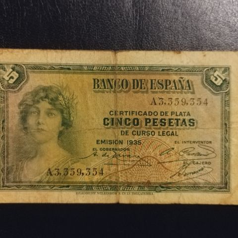 Spansk Seddel 5 pesetas fra 1935