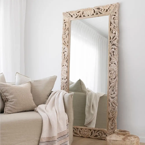 Fransk antikk whitewash speil. Heltre Eik (Ny i esken) Vakkert utskåret mønster