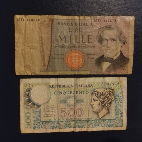 Sedler fra Italia 2 stykke 1000lire og 500