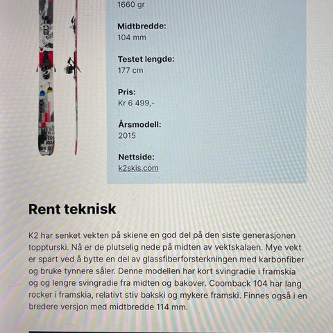 Ski K2 Coomback Allmountain 184cm med G3 ion12, skarejern og g3 feller