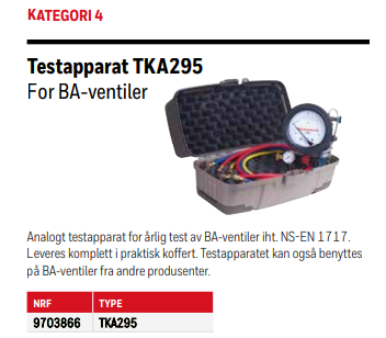 Testapparat TKA295 for BA -Ventiler -Kategori 4