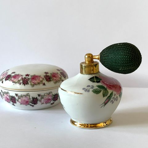 Vintage - Lite porselen smykkeskrin og parfymeflaske