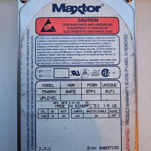 Vintage Maxtor IDE HDD Model 7540AV 540MB IDE 3,5"