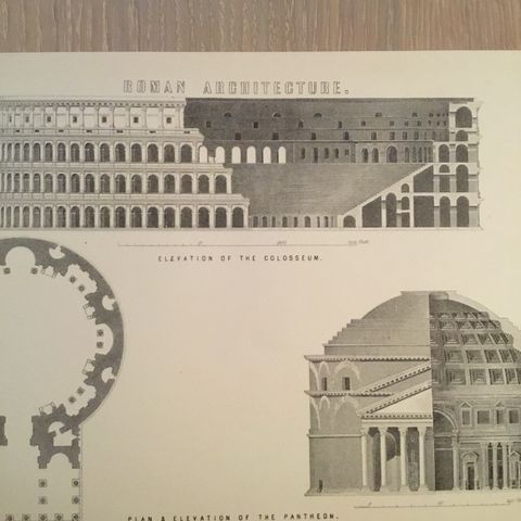 Fantastisk flott arkitekturtrykk fra 1800-tallet. Pantheon & Colosseum