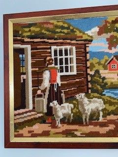 Brodert bilde "JENTE PÅ SÆTRA" med ramme / Retro nostalgi / ca 43x35