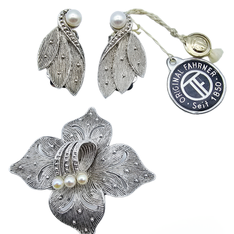 Vintage "Fahrner" brosje med perler og klips øredobber i sterling sølv