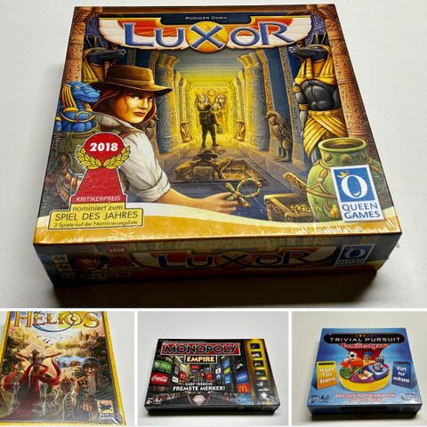 Spill i originalplast: Luxor - Helios - Monopoly Empire - Trivial Pursuit