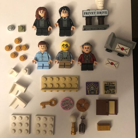 Lego figur Harry Potter Hermine. Hedwig ugle. Gullbarre. Post. Skilt. Bok