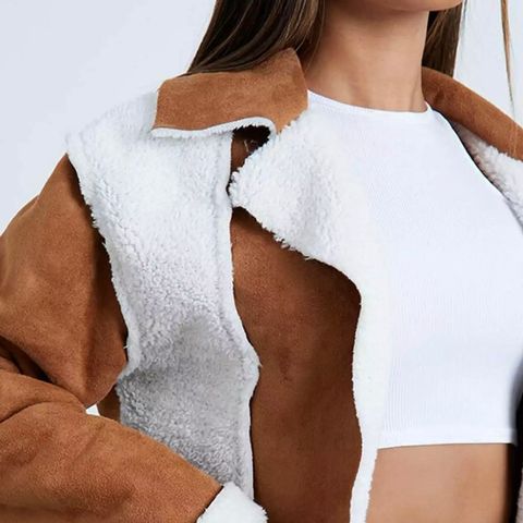 Super Cropped Shearling Faux Suede Aviator Jacket