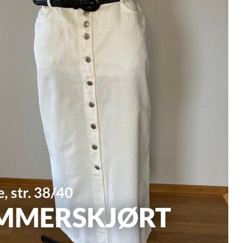 Langt sommerskjørt, hvitt 100% bomull, str. 38/40