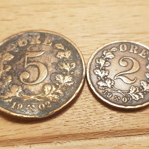 Norsk mynter 5 øre og 2øre 1902