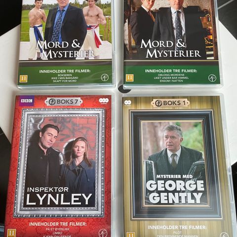 DVD’er; « Mord og mytteriet», «George Gently», «Love actually» osv